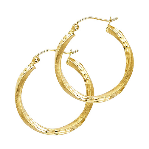 Small Twisted Satin Diamond-Cut Hinge Hoop Earrings - 14K Yellow Gold 2.6mm x 0.7 inch Slide 0