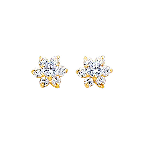 Flower Birthstone Color CZ Stud Earrings in 14K Yellow Gold Slide 0