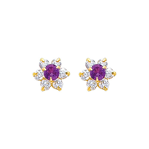 Flower Birthstone Color CZ Stud Earrings in 14K Yellow Gold Slide 0