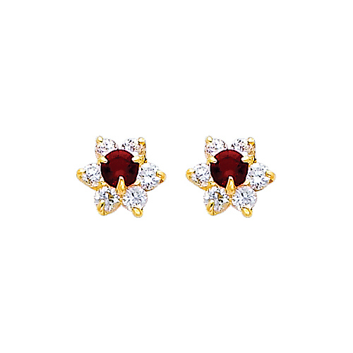 Flower Birthstone Color CZ Stud Earrings in 14K Yellow Gold Slide 0