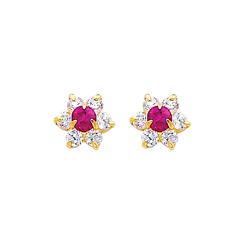 Flower Birthstone Color CZ Stud Earrings in 14K Yellow Gold Slide 0