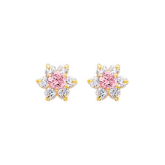 Flower Birthstone Color CZ Stud Earrings in 14K Yellow Gold