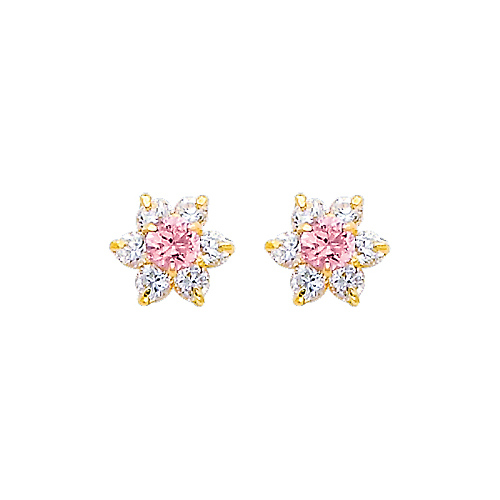 Flower Birthstone Color CZ Stud Earrings in 14K Yellow Gold Slide 0