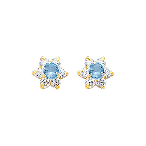 Flower Birthstone Color CZ Stud Earrings in 14K Yellow Gold Slide 0