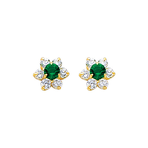 Flower Birthstone Color CZ Stud Earrings in 14K Yellow Gold Slide 0