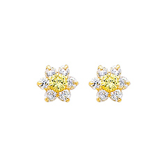 Flower Birthstone Color CZ Stud Earrings in 14K Yellow Gold