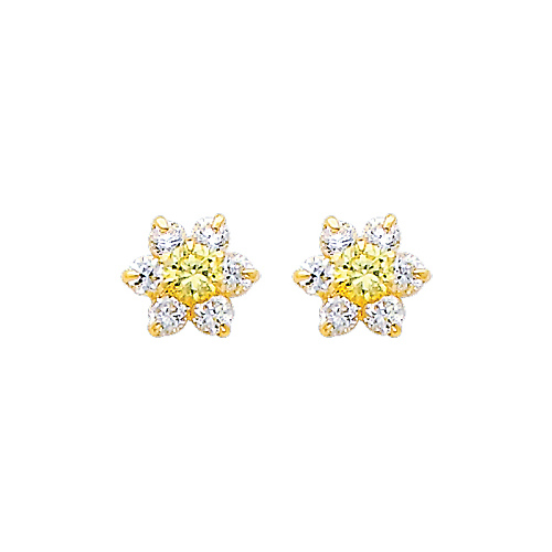 Flower Birthstone Color CZ Stud Earrings in 14K Yellow Gold Slide 0
