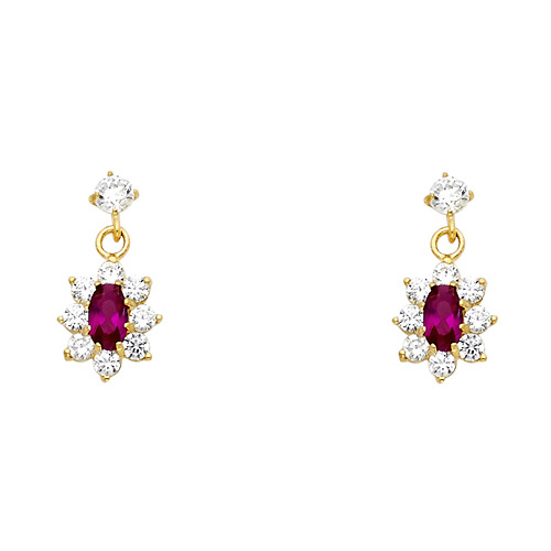 14K Yellow Gold Hanging Flower Red CZ Stud Earrings Slide 0