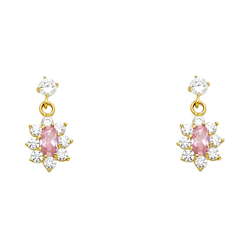 14K Yellow Gold Hanging Flower Pink CZ Stud Earrings Slide 0