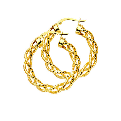 Twisted Open Diamond-Cut Medium Hoop Earrings - 14K Yellow Gold 1.2 inch Slide 0