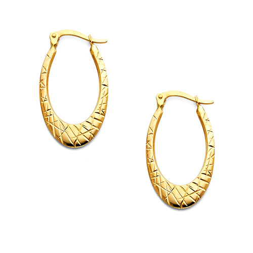 Crisscross Diamond-Cut Smooth Medium Oval Hoop Earrings - 14K Yellow Gold Slide 0