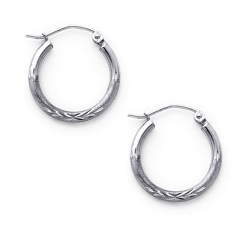 Diamond-Cut Satin Hinge Small Hoop Earrings - 14K White Gold 2mm x 0.7 inch Slide 0