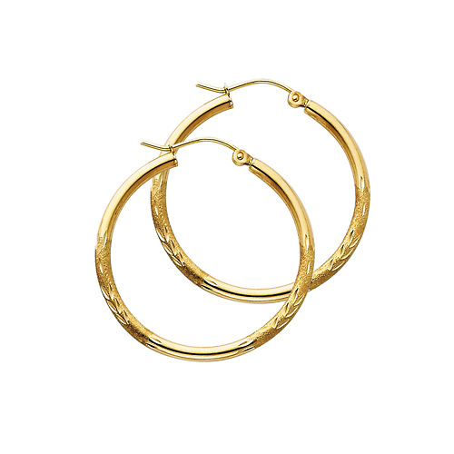 Diamond-Cut Satin Hinge Medium Hoop Earrings - 14K Yellow Gold 2mm x 1.2 inch Slide 0