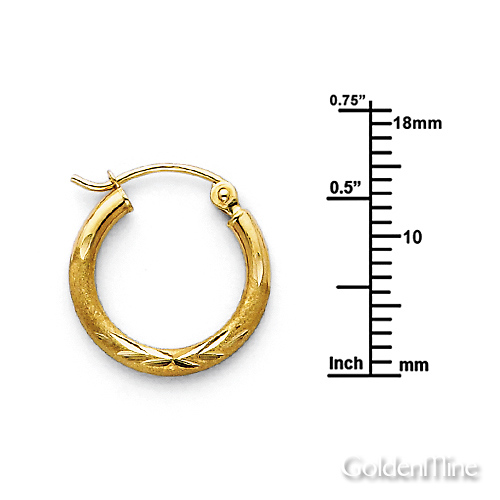 Diamond-Cut Satin Hinge Petite Hoop Earrings - 14K Yellow Gold 2mm x 0.6 inch Slide 1