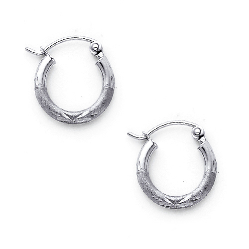 Diamond-Cut Satin Hinge Mini Hoop Earrings - 14K White Gold 2mm x 0.5 inch Slide 0