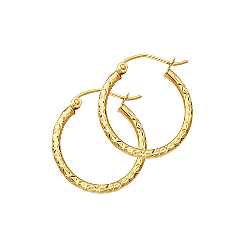 Diamond-Cut Satin Hinge Small Hoop Earrings - 14K Yellow Gold 2mm x 0.8 inch Slide 0