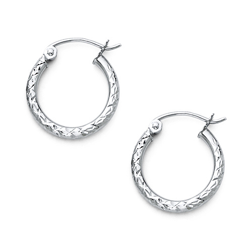 Diamond-Cut Hinge Petite Hoop Earrings - 14K White Gold 2mm x 0.6 inch Slide 0
