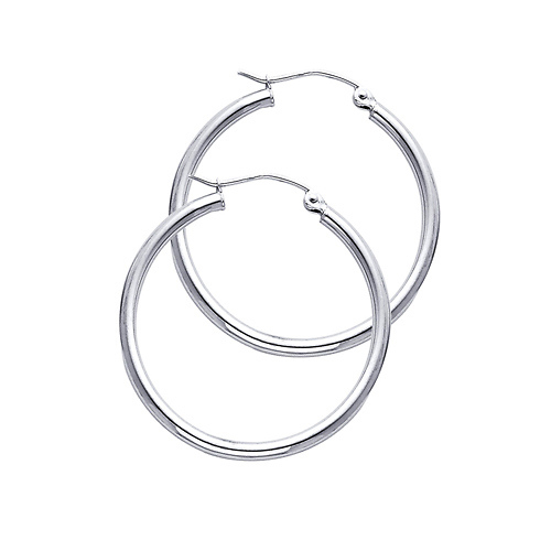 Polished Hinge Round Medium Hoop Earrings - 14K White Gold 2mm x 1.38 inch Slide 0