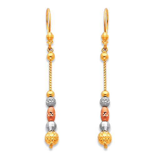 Long 5-Beaded Diamond-Cut Dangle Earrings in 14K TriGold 50mm Slide 0