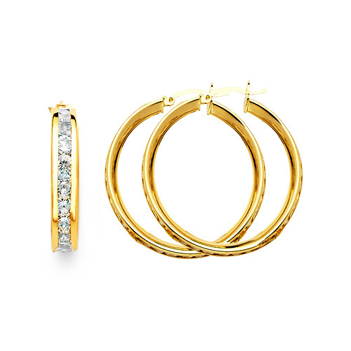 Medium Round-Cut CZ Hoop Earrings - 14K Yellow Gold 1.2 inch Slide 0