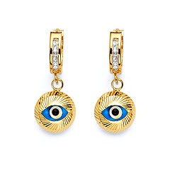 CZ Round Evil Eye Drop Earrings in 14K Yellow Gold