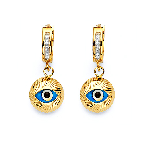 CZ Round Evil Eye Drop Earrings in 14K Yellow Gold Slide 0