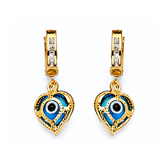 CZ Heart Evil Eye Drop Earrings in 14K Yellow Gold