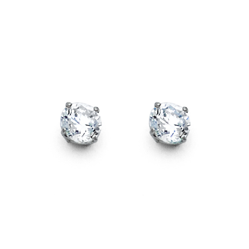 4mm 14K White Gold Round CZ Solitaire Stud Earrings Slide 0
