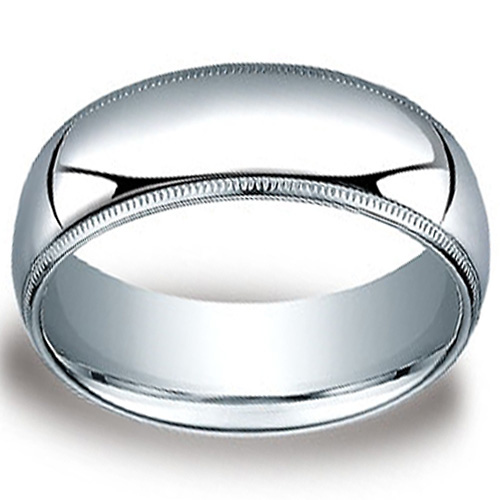 8mm Classic Light Comfort-Fit Dome Milgrain Men's Wedding Band - Platinum Slide 0