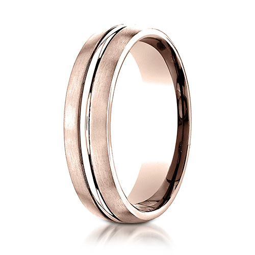 6mm Polished Stripe Center Satin Domed Wedding Band by Benchmark in 14K Rose Gold Slide 0