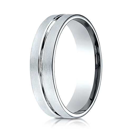 6mm Flat Striped Comfort-Fit Benchmark Wedding Ring in Solid 14K White Gold Slide 1
