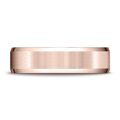 6mm Flat Beveled Satin Center Benchmark Wedding Band in Solid 14K Rose Gold Slide 1