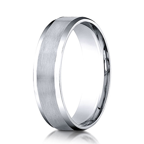 6mm Flat Beveled Satin Center Benchmark Wedding Band in Solid 14K Yellow Gold Slide 0