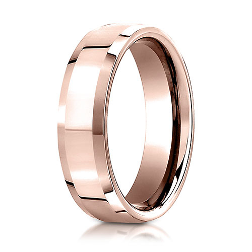 6mm Lustrous Flat Beveled Wedding Band by Benchmark Rings in 14K Rose Gold Slide 0