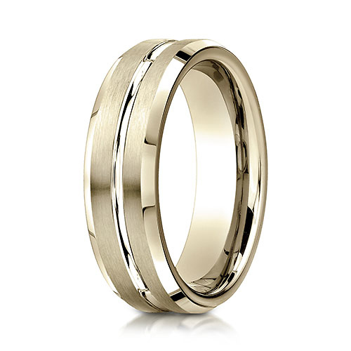 6mm Polished Striped Beveled Benchmark Wedding Band in 14K Yellow Gold Slide 0