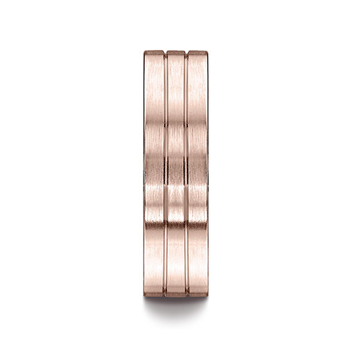 6mm Double Grooved Satin Flat Wedding Band by Benchmark Rings in 14K Rose Gold Slide 1