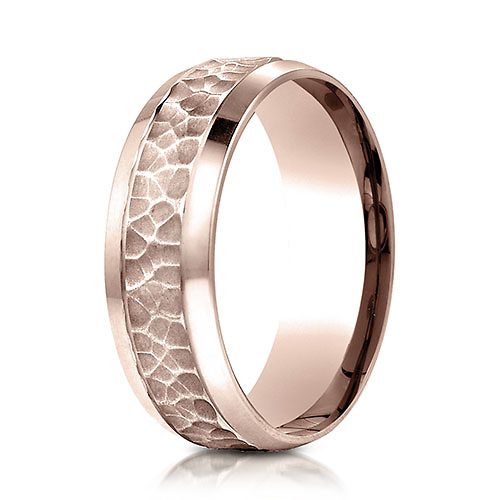 7.5mm 14K Rose Gold Hammered Beveled Edge Benchmark Wedding Band Slide 0