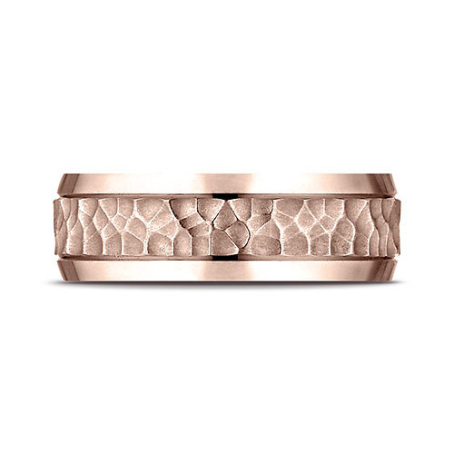 7.5mm 14K Rose Gold Hammered Beveled Edge Benchmark Wedding Band Slide 1