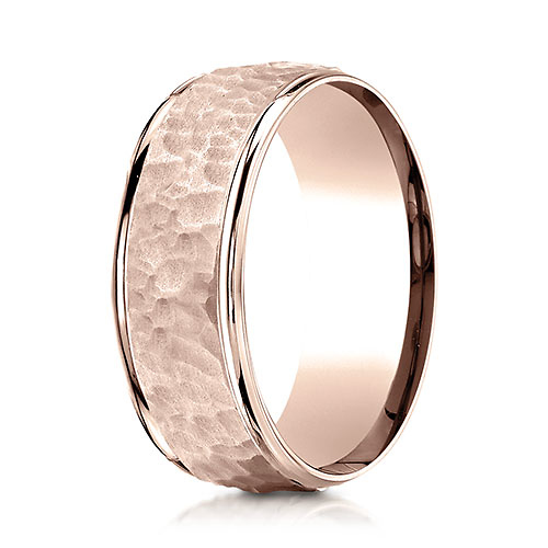 8mm Hammered Center Rounded Edge Wedding Band by Benchmark Rings in 14K Rose Gold Slide 0