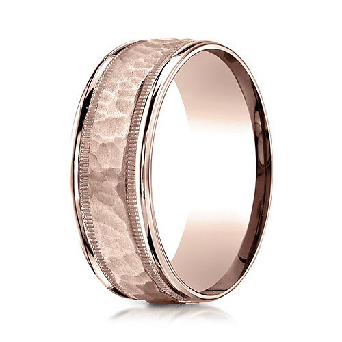 8mm 14K Rose Gold High Polished Hammered Milgrain Benchmark Wedding Band Slide 0