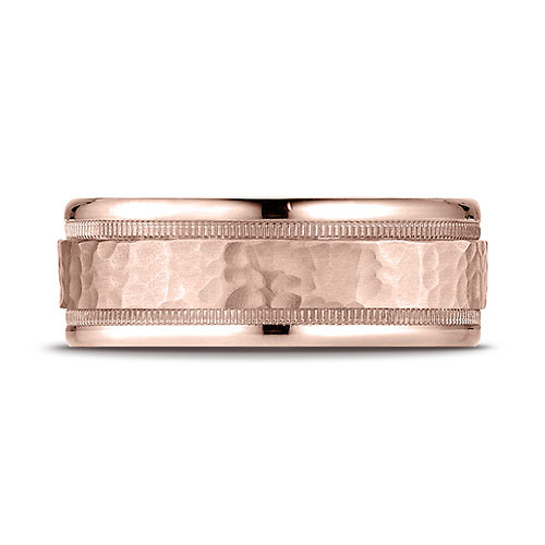 8mm 14K Rose Gold High Polished Hammered Milgrain Benchmark Wedding Band Slide 1