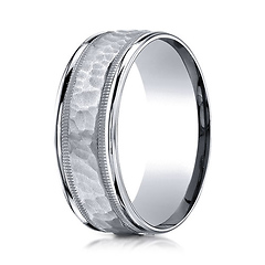 8mm 14K White Gold High Polished Hammered Milgrain Benchmark Wedding Band
