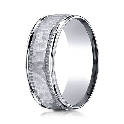 8mm 14K White Gold High Polished Hammered Milgrain Benchmark Wedding Band Slide 0