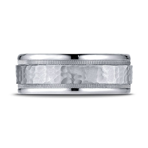 8mm 14K White Gold High Polished Hammered Milgrain Benchmark Wedding Band Slide 1