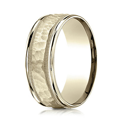 8mm 14K Yellow Gold High Polished Hammered Milgrain Benchmark Wedding Band