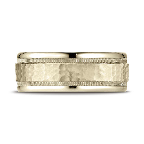 8mm 14K Yellow Gold High Polished Hammered Milgrain Benchmark Wedding Band Slide 1