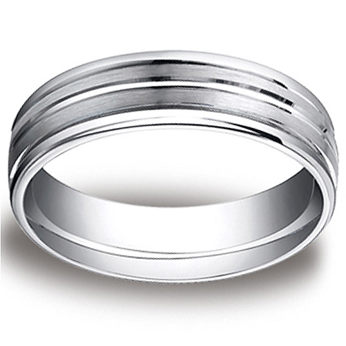 6mm Flat Striped Comfort-Fit 14K White Gold Wedding Band by Benchmark Rings Slide 0