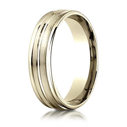 6mm Flat Striped Comfort-Fit 14K Yellow Gold Wedding Band by Benchmark Rings Slide 1
