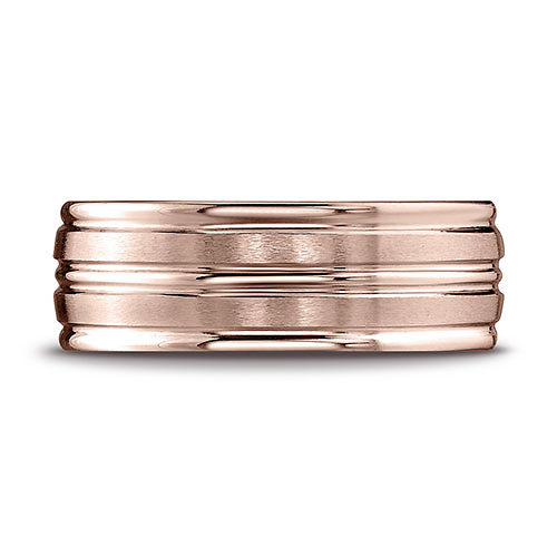 8mm Domed Striped Satin Wedding Band by Benchmark Rings in 14K Rose Gold Slide 1
