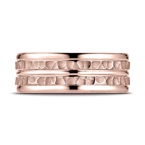7.5mm 14K Rose Gold Double Hammered Center Benchmark Wedding Band Slide 1